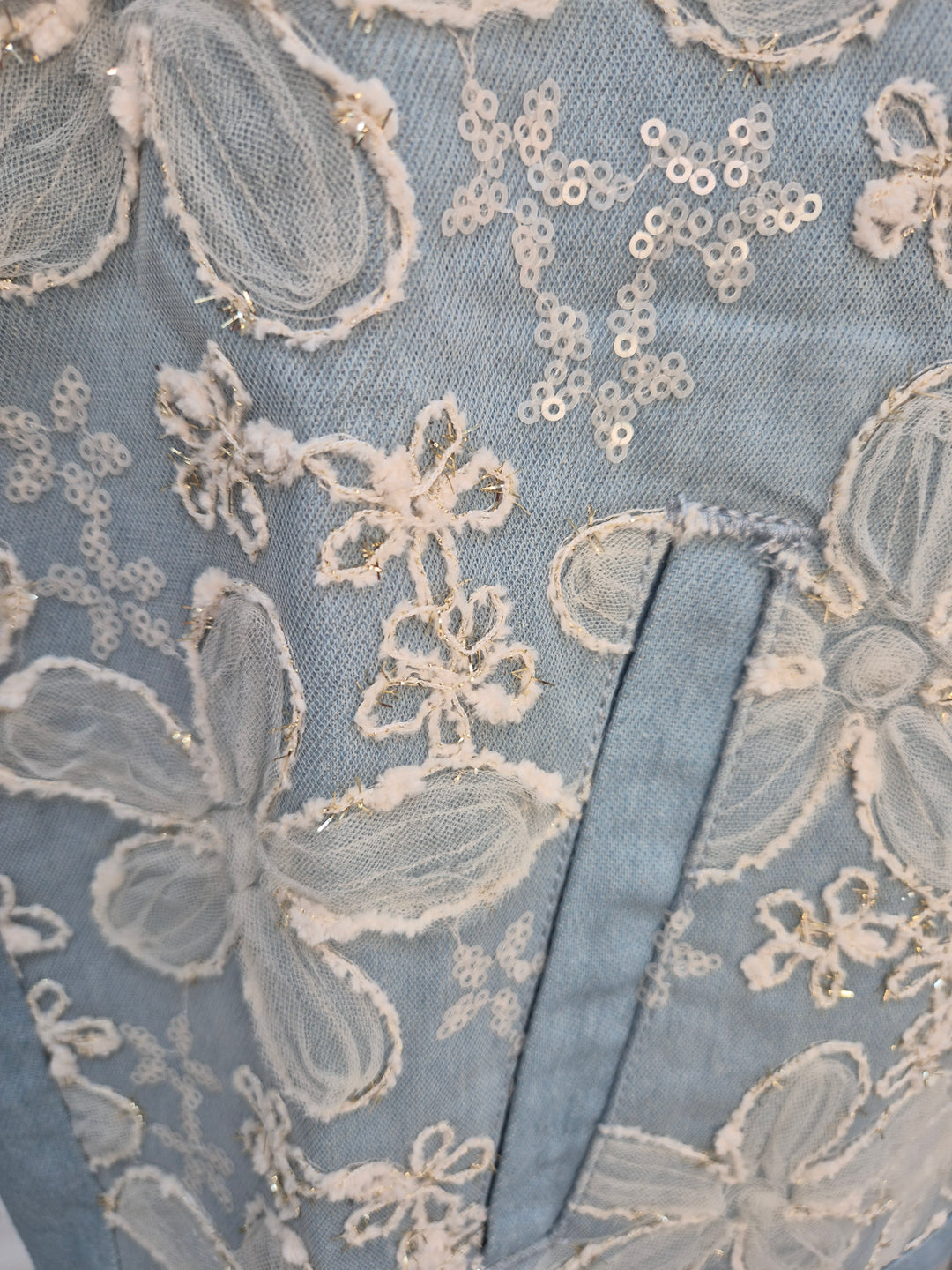 Darcy Denim Jacket - Applique Florals/Gold Metallic (One Size/Curvy, fitting from Size 14 up to 18)