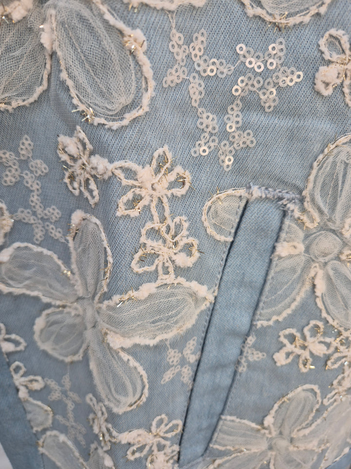 Darcy Denim Jacket - Applique Florals/Gold Metallic (One Size/Curvy, fitting from Size 14 up to 18)