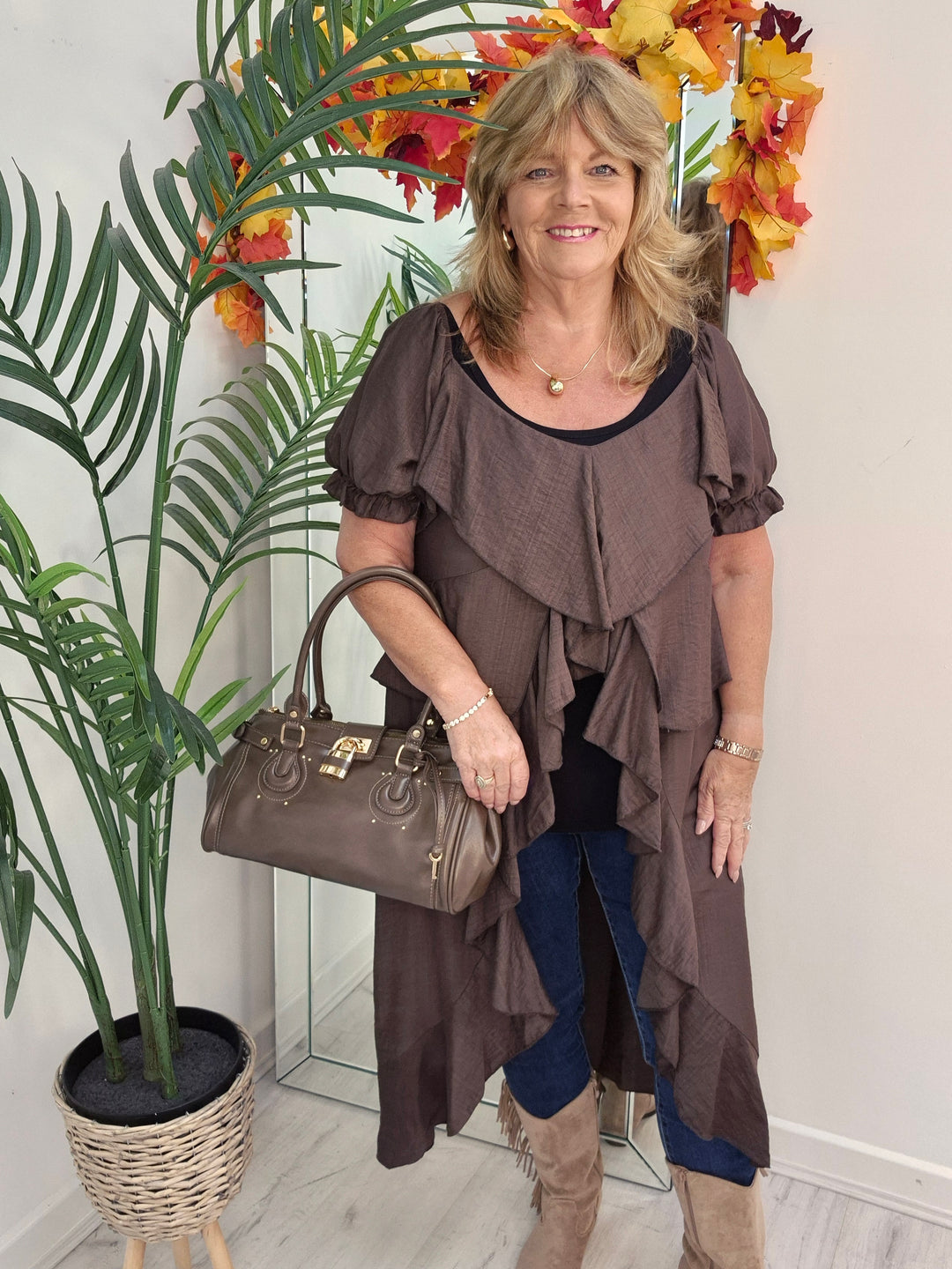 Rhea Ruffle Hi Lo Blouse - Chocolate - One Size fits up to Size 16/18