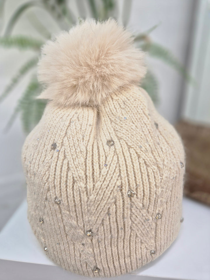 Oslo Fur Fur Pom Pom Hat with Crystals & Metallic Thread - Cream