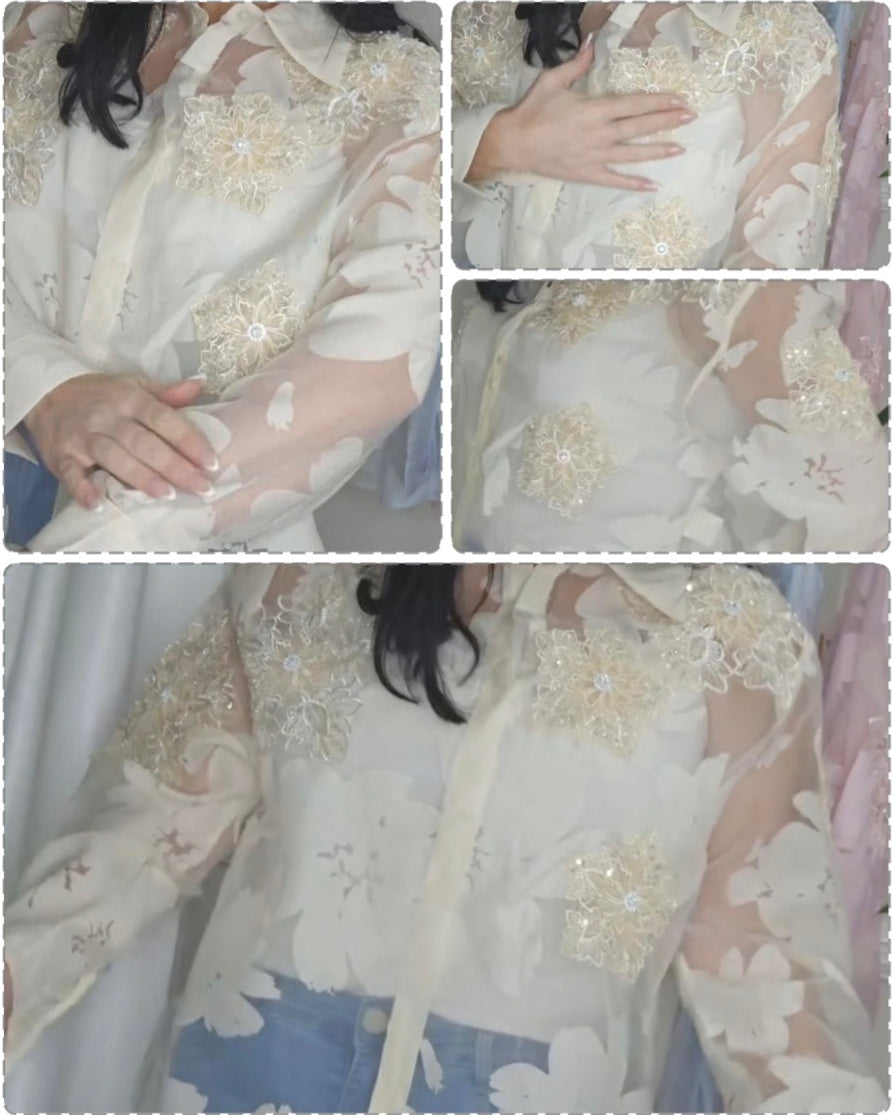 Valencia Ornate Blouse with Crystals & 3D Applique Sparkle - Stone (One Size, fits from Size 12 up to Size 16/Small Busted Size 18)