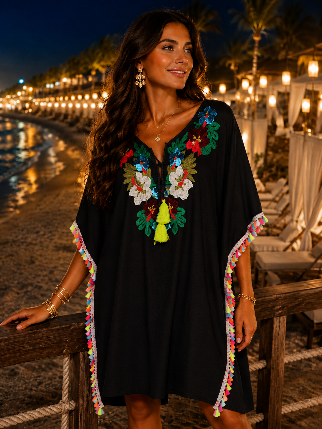 Ibiza Sparkly Tassel Beach Dress One Size/Curvy - fits 12 up to Size 18/20) - Black/Multi