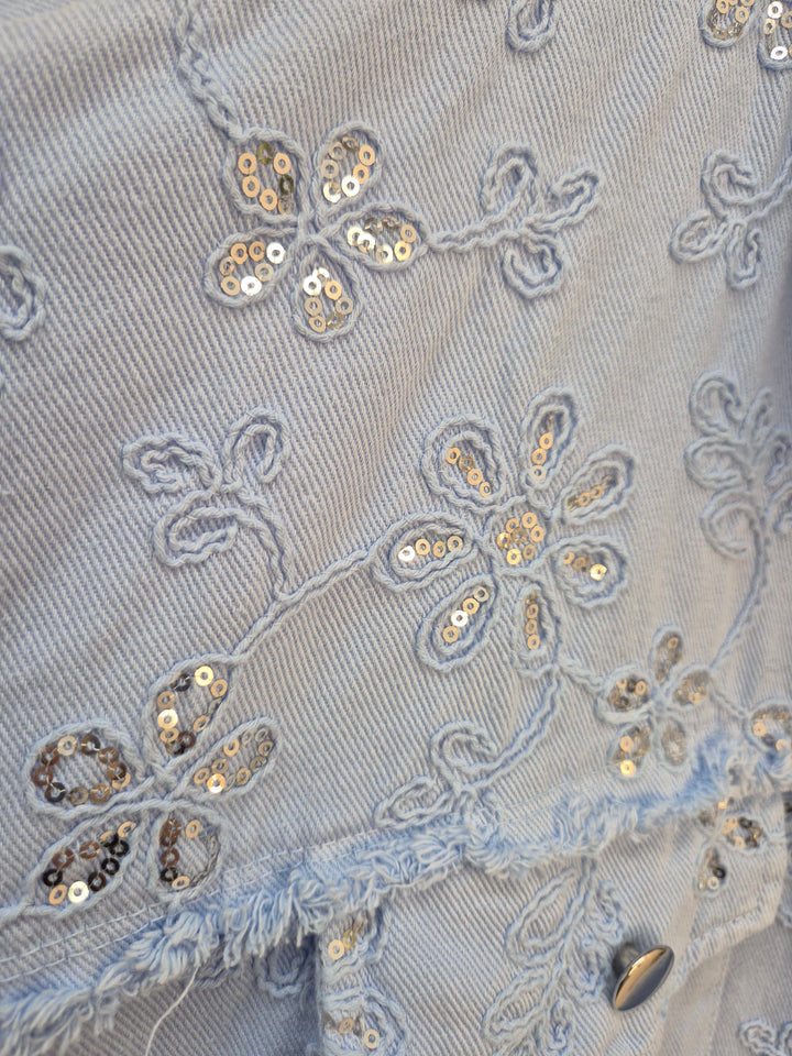 Dana Floral Sparkly Denim Shacket - Powder Blue (One Size/Curvy, fitting from Size 10/12 up to Size 18)