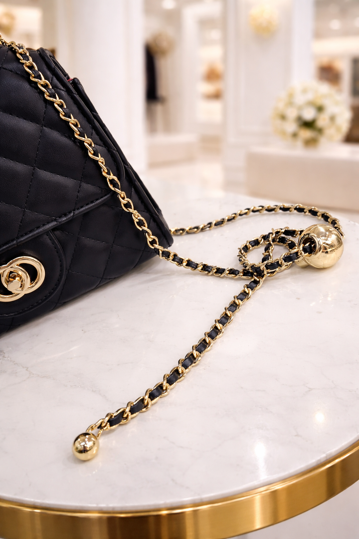 Quilted Faux Leather Turnlock Bag - Black