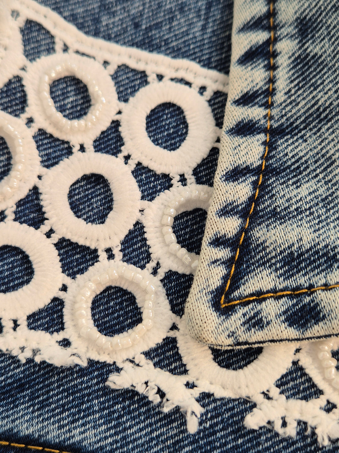 Elle Lace Tassel Denim Jacket - Mid Stonewashed (One Size, fitting from Size 10 up to 14)