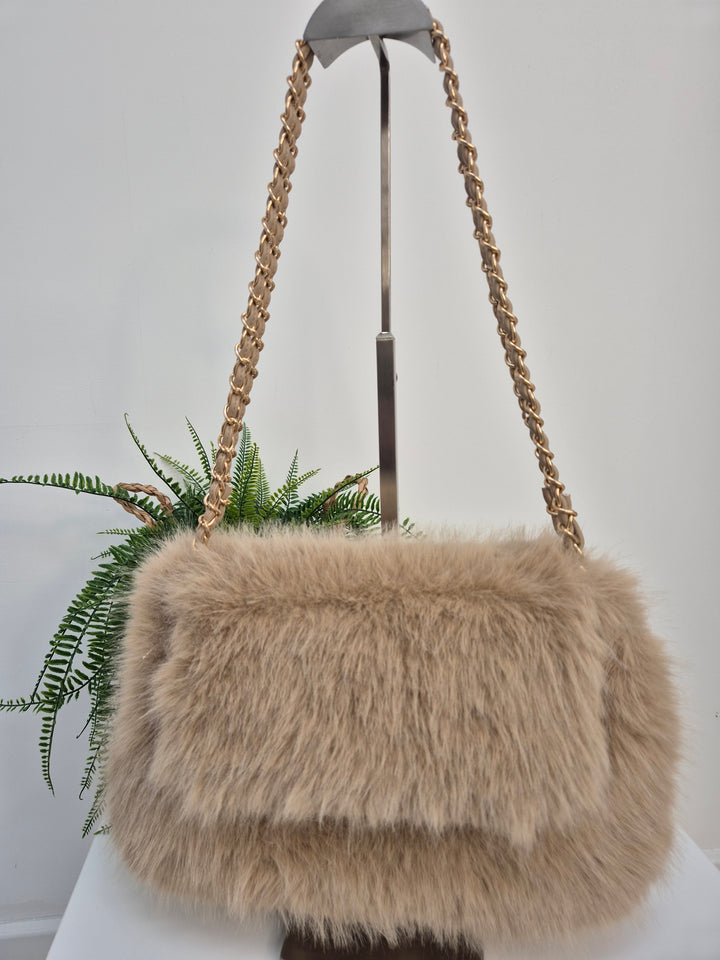 Oslo Faux Fur Bag with Gold Chain Link Dual Handles - Creamy Beige