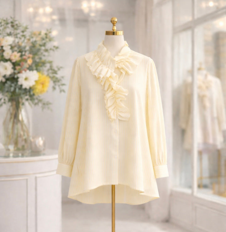 Riley Ruffle Blouse (fitting Size 14/16 up to Size 18 - Lemon/White