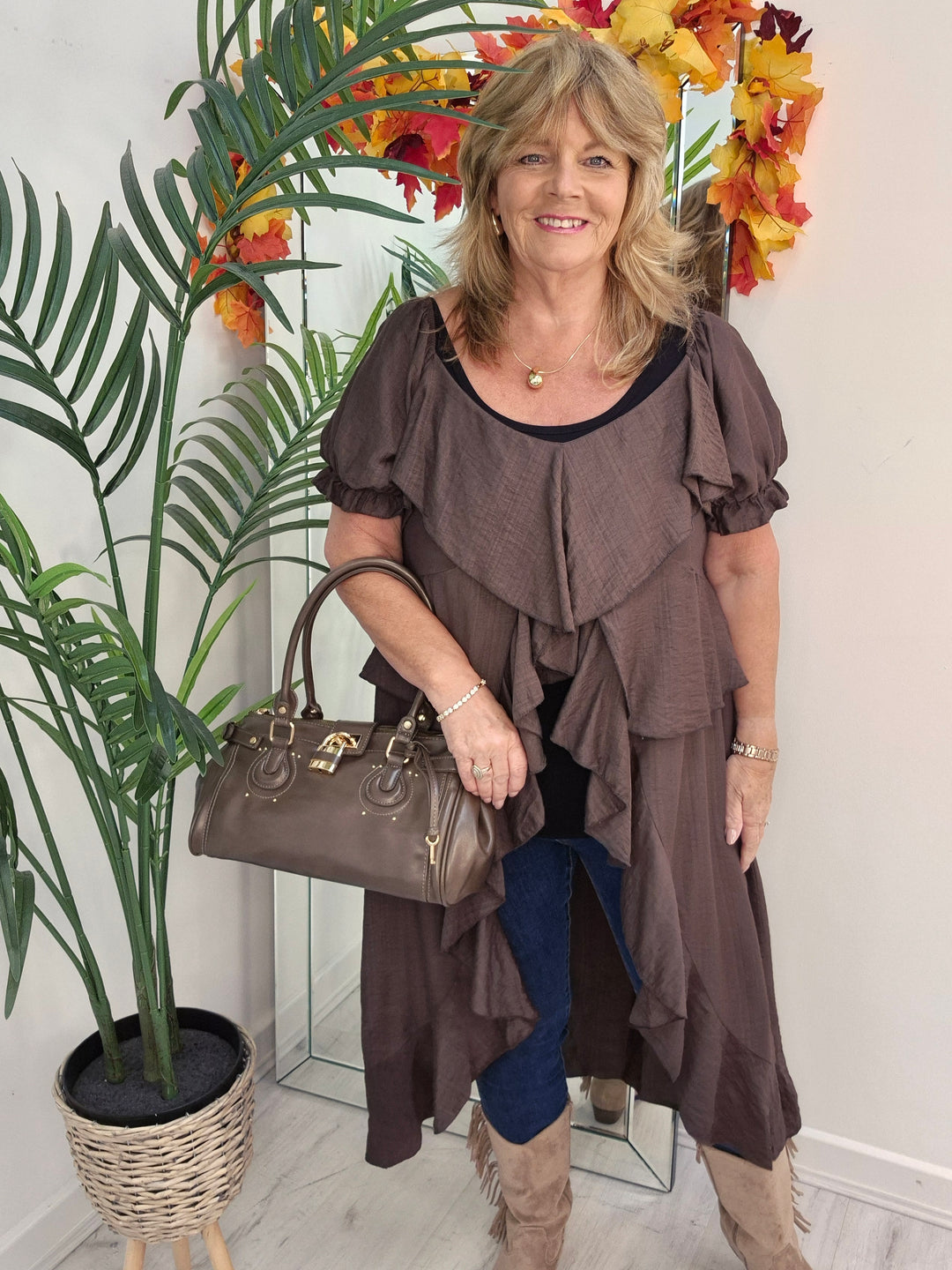Rhea Ruffle Hi Lo Blouse - Chocolate - One Size fits up to Size 16/18