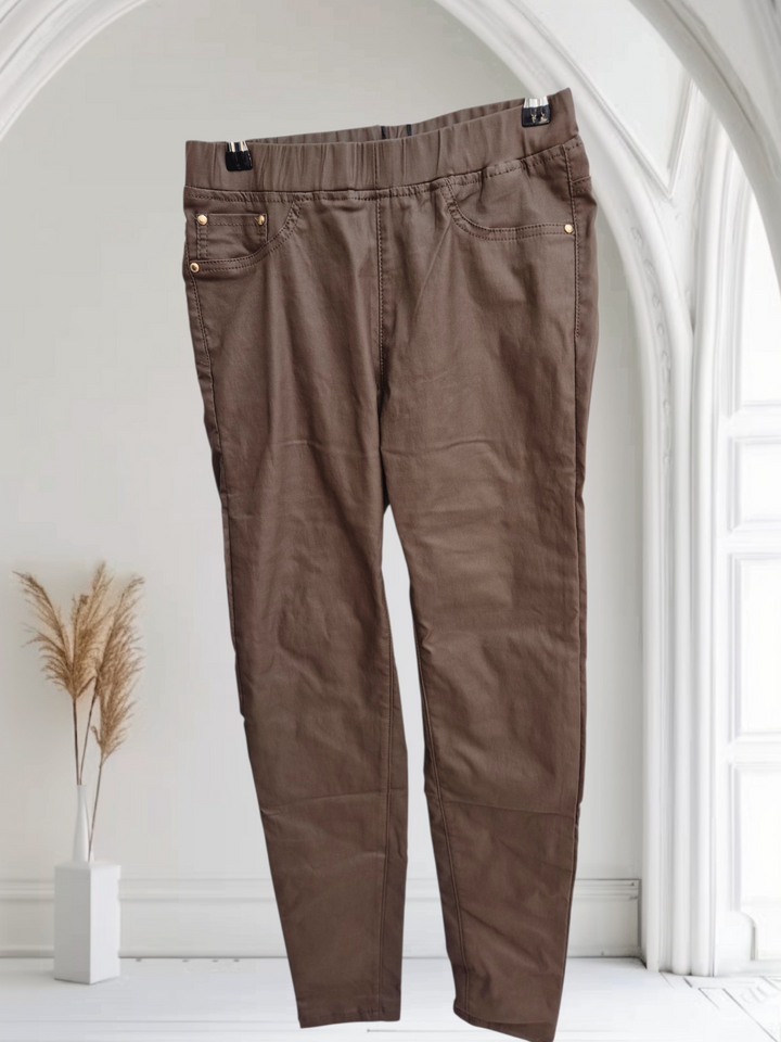 Emma Pull On PU Coated Jeans - Chocolate (choose your Size)