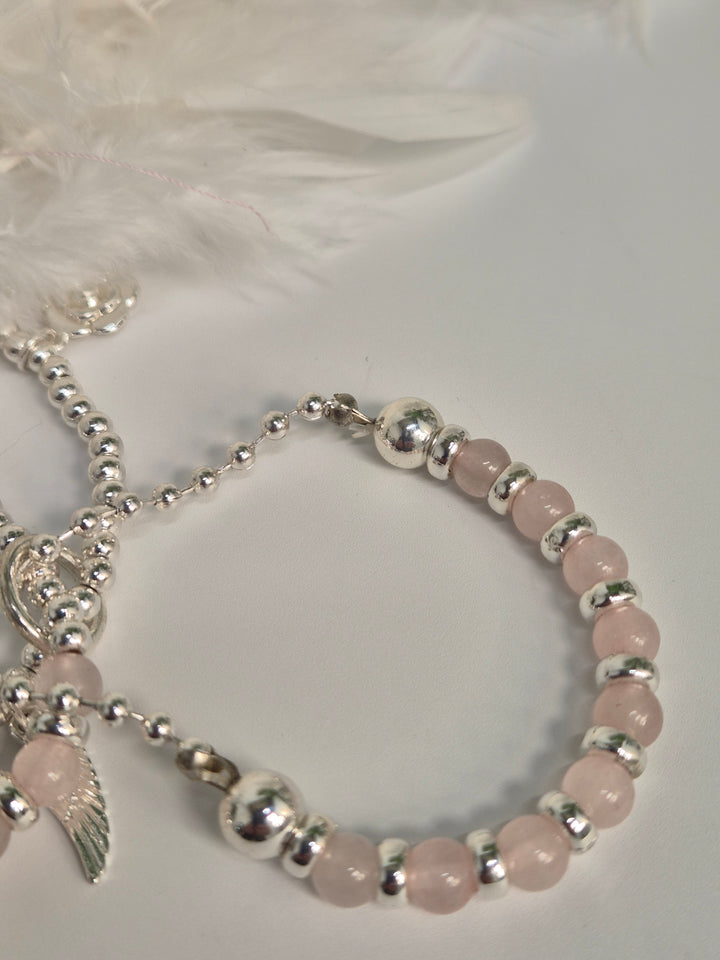 Stacking Bracelets - Angel Wings, Hearts, Camellia Flower Charms (Silver Tone) Pink
