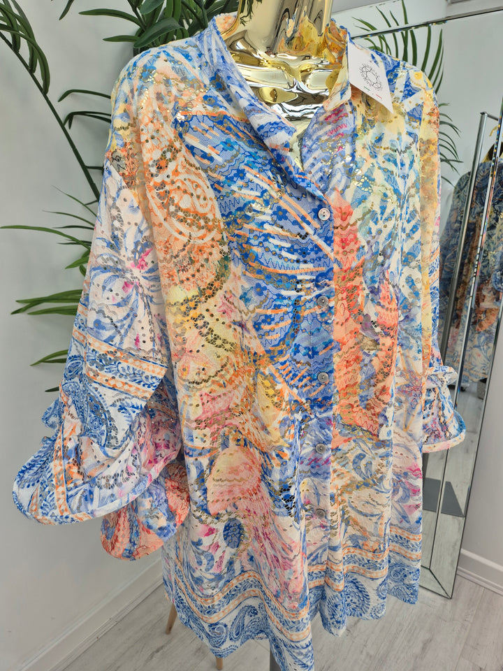 Alba Floral Double Fluted Sleeve Top - Blue Multi (Oversized, fitting from Size 14 up to Size 20)