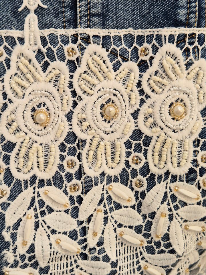 Elle Lace Tassel Denim Jacket - Mid Stonewashed (One Size, fitting from Size 10 up to 14)