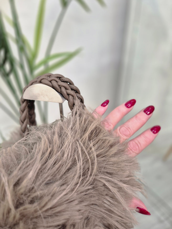 Oslo Faux Fur Shaggy Bag with Dual Handles & Chain Strap - Mocha