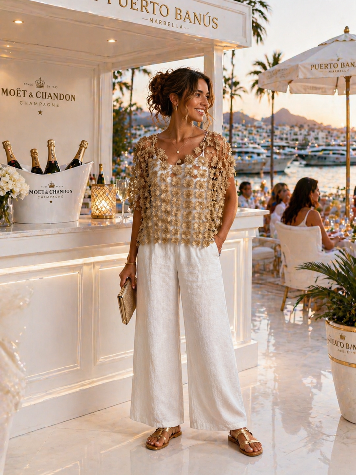 Puerto Banus Filigree Flower Top - (One Size, fits from Size 10/12 up to Size 16/18) - Metallic Gold