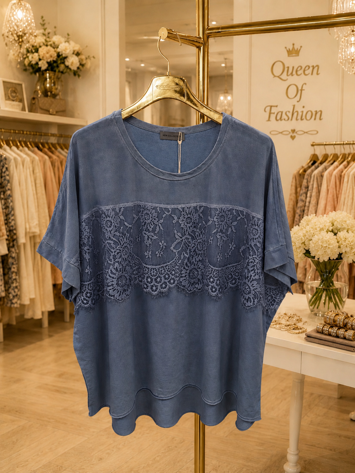 Lace Detail Hi-Lo Top (One Size Curvy, fits from Size 14 up to Size 18/20) - Denim Blue