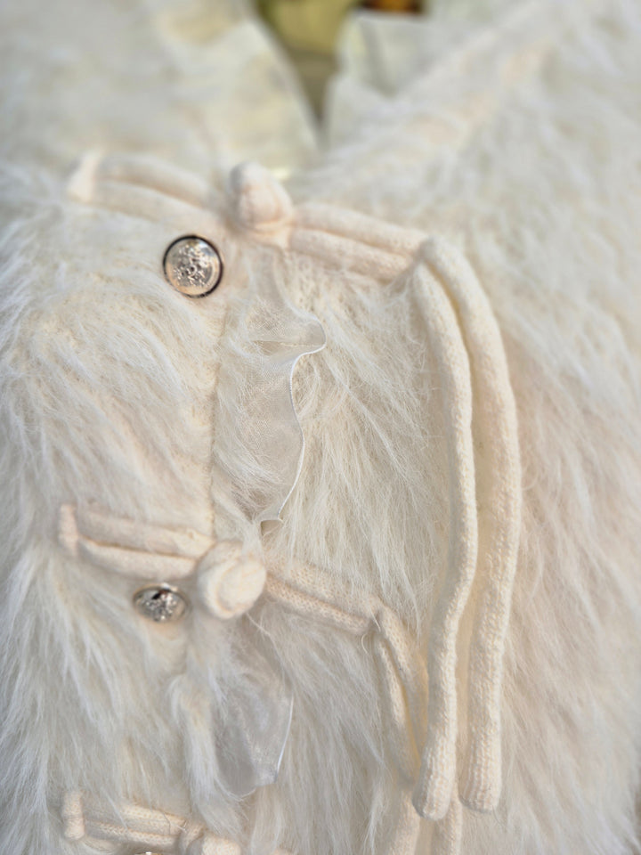 Oslo Fluffy Baroque Buttoned Cardigan - Cream (One Size, fitting from Size 10 up to Size 16)