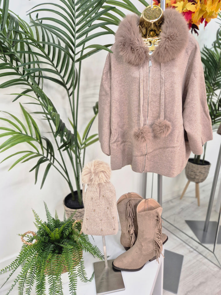Oslo Faux Fur Hoodie/Cardigan/Jumper - Mocha (One Size fits from Size 12 up to Size 20)