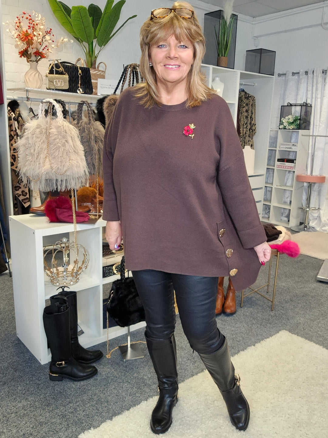 Hammersmith Buttoned Hi Lo Oversized Jumper - Chocolate (One Size/Curvy, fits from Size 14 up to Size 18)