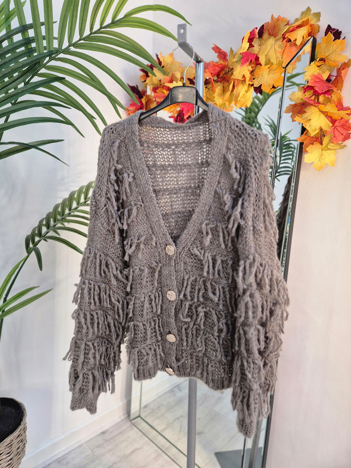 Shaggy Cardigan with Gold Buttons (Oversized) Long Length - Mocha