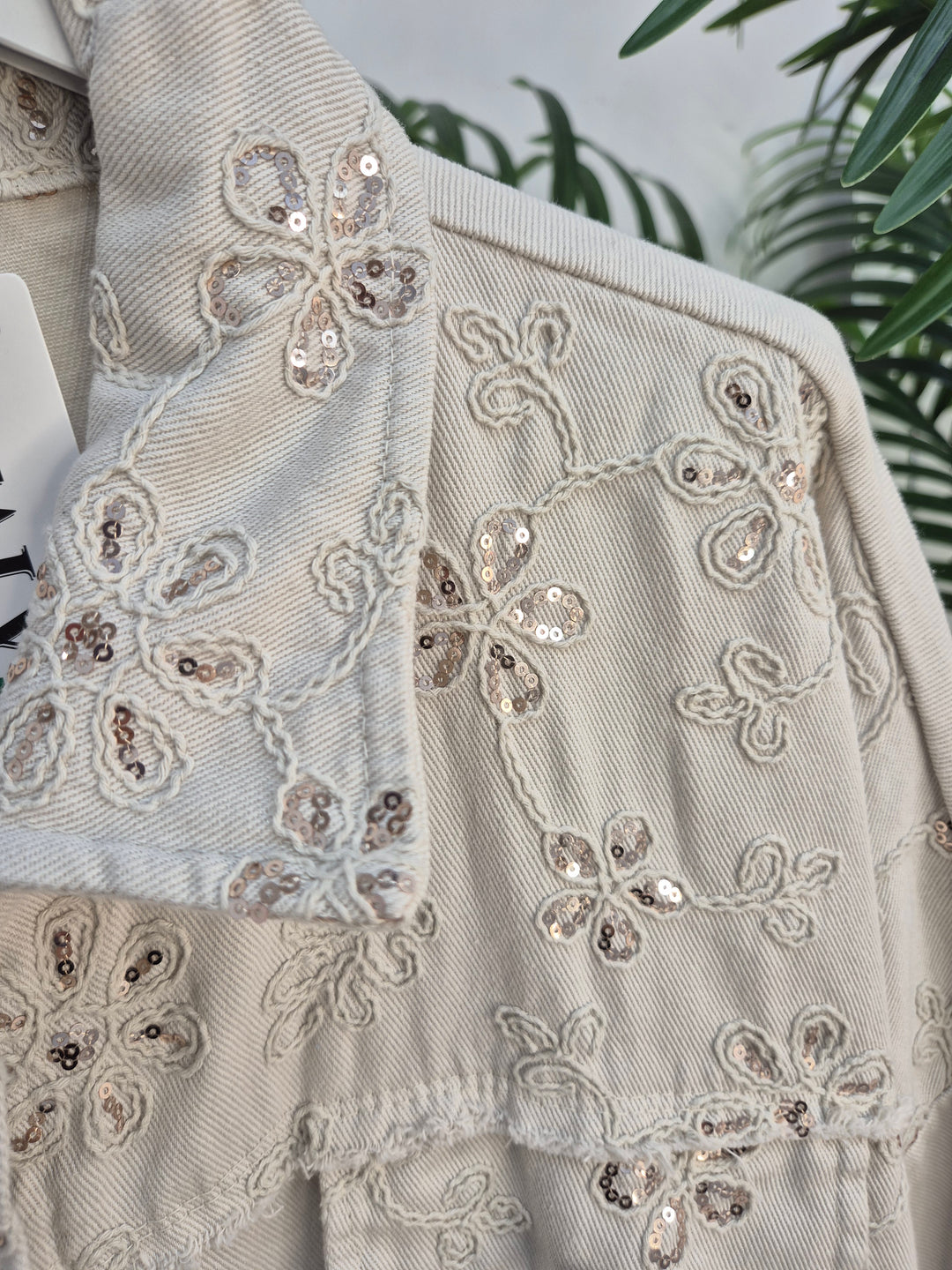Dana Floral Sparkly Denim Shacket - Beige (One Size/Curvy, fitting from Size 10/12 up to Size 18)