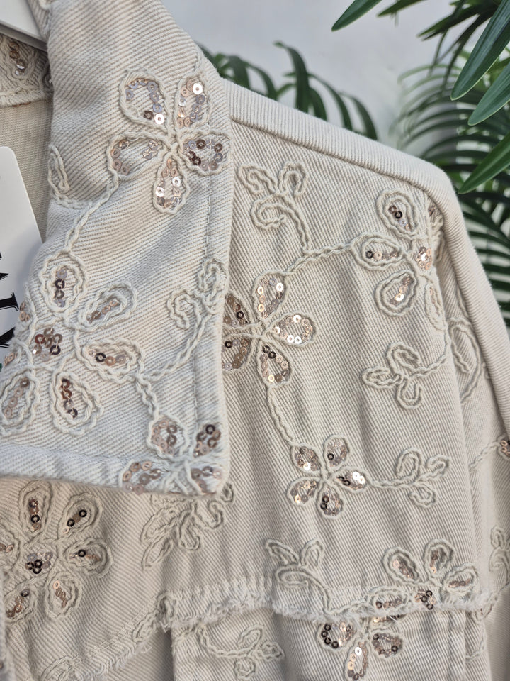 Dana Floral Sparkly Denim Shacket - Beige (One Size/Curvy, fitting from Size 10/12 up to Size 18)