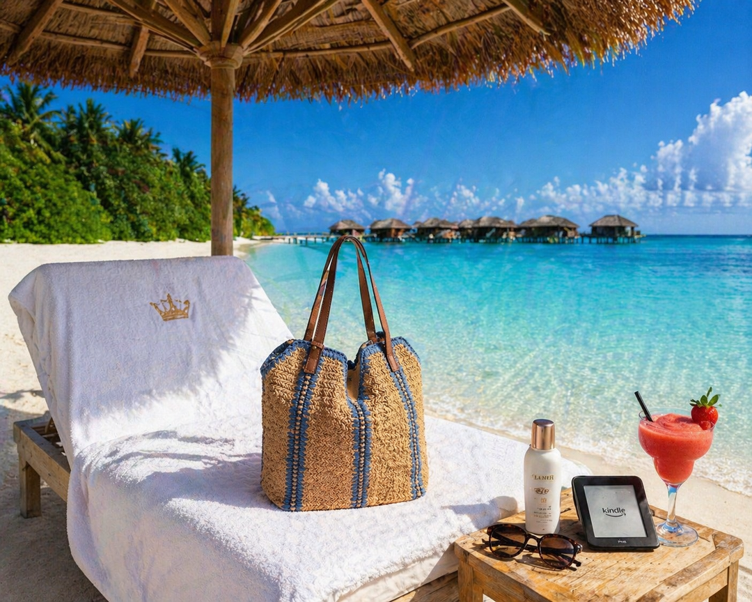 Maldives Beach Bag (Zipped & Fully Lined with Dual Faux Leather Handles - Natural/Blue