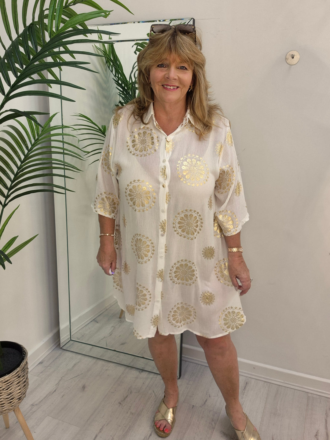 Ibiza Floral Shirt Dress with Collar - White/Gold (Loose Fit)