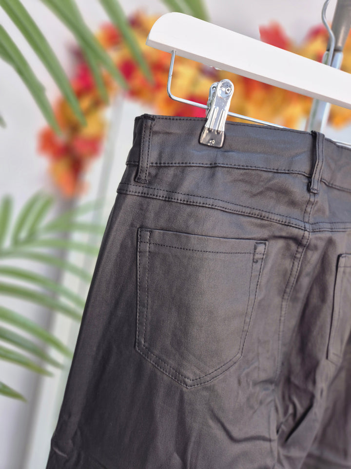 Noir PU Coated Wide Leg Jeans - Black (G Smack) - (choose your Size)
