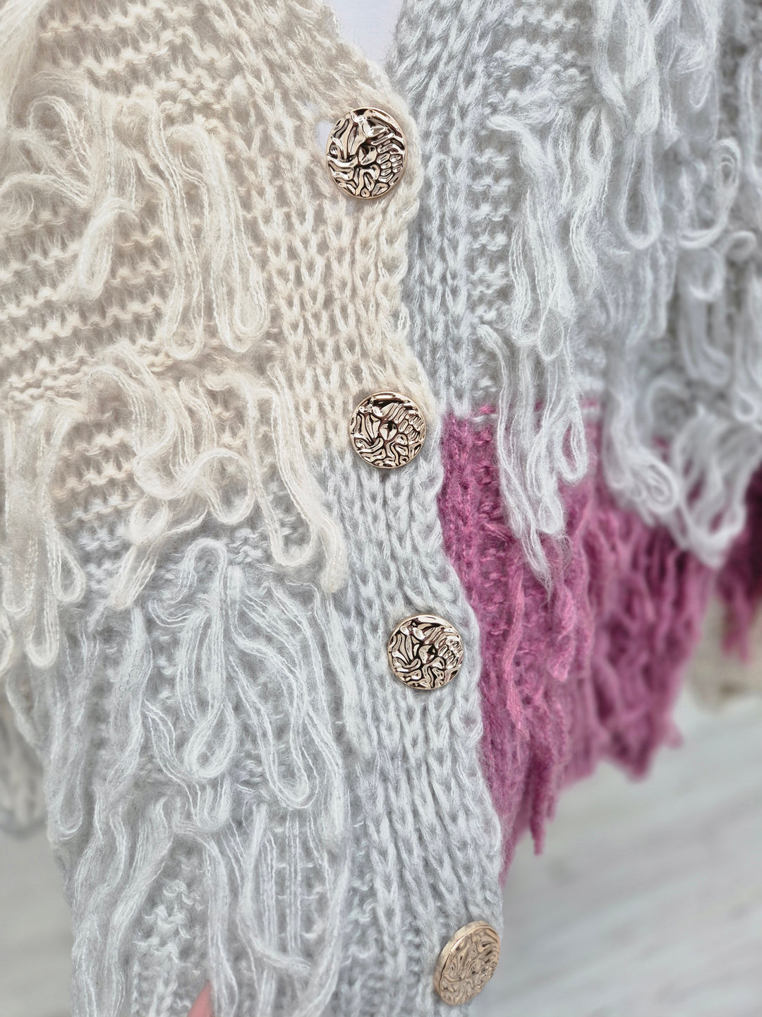 Shaggy Cardigan with Gold Buttons (Oversized) Long Length - Raspberry