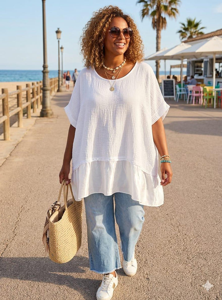 Waffle Oversized Top with Sequin Trim - White (One Size/Curvy Size, fits from Size 14/16 up to Size 20)