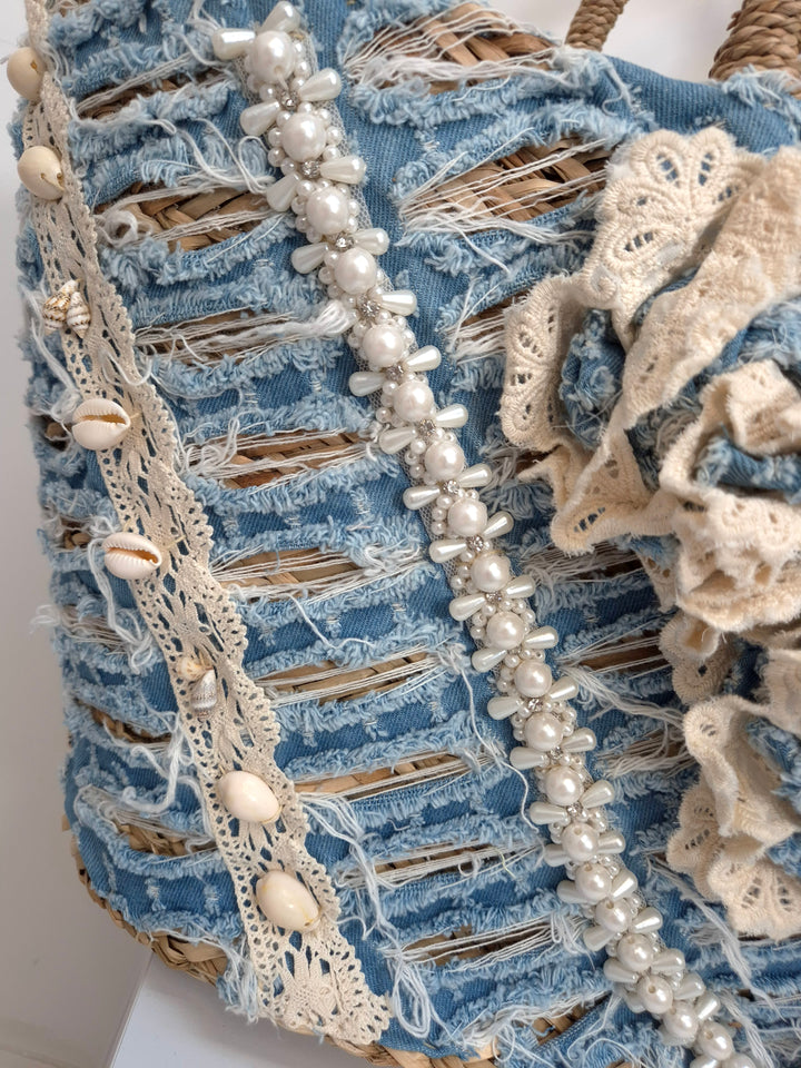 Stonewashed Denim Beach Bag with Pearls and Crystals