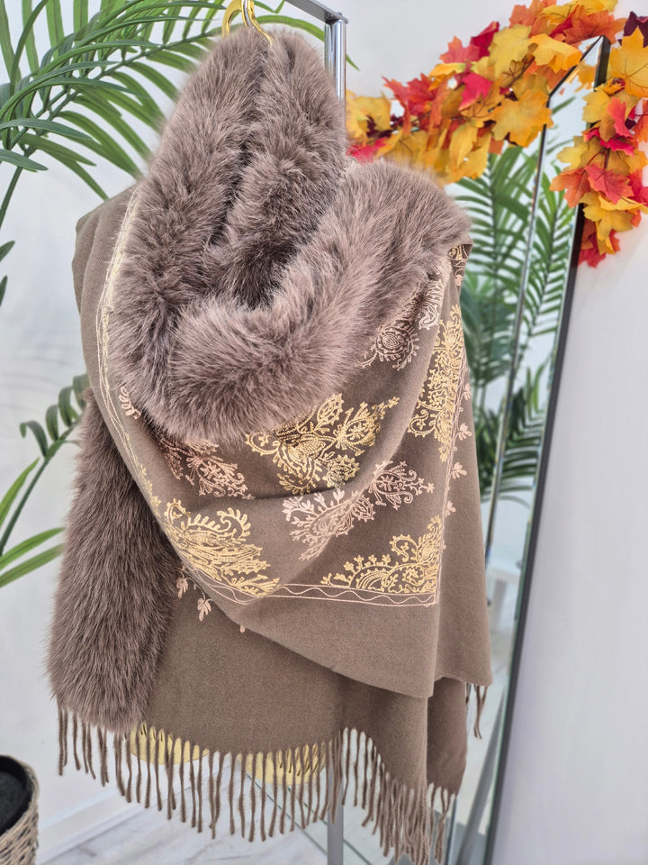 Oslo Faux Fur Shawl/Wrap - Chocolate/Gold (Oversized)