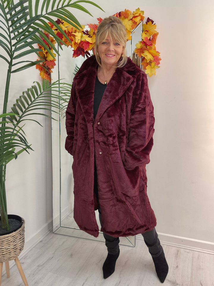 Oslo Faux Fur Longline Coat - Wine (choose your Size)