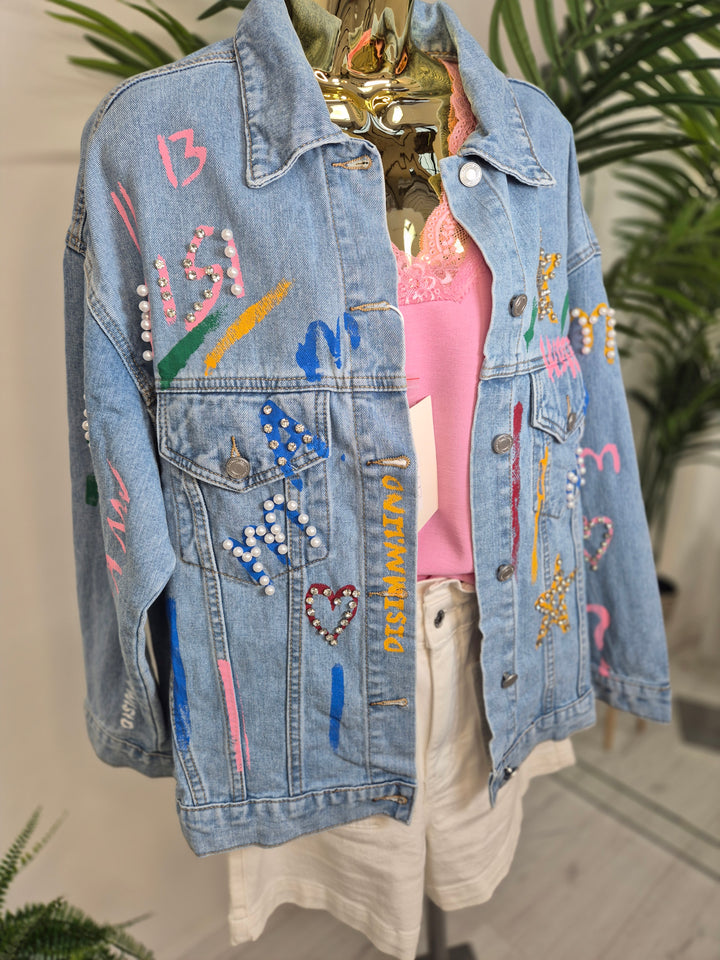 Paint Splashed Denim Jacket with Crystals - Stonewashed