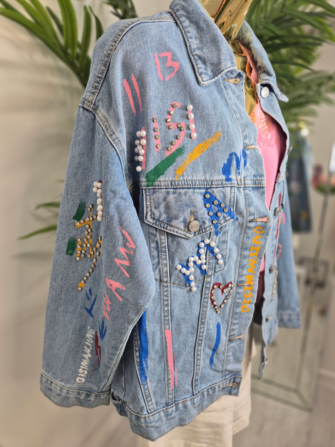 Paint Splashed Denim Jacket with Crystals - Stonewashed