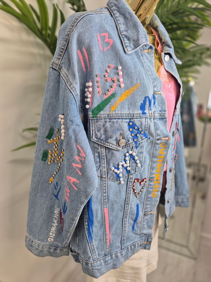 Paint Splashed Denim Jacket with Crystals - Stonewashed