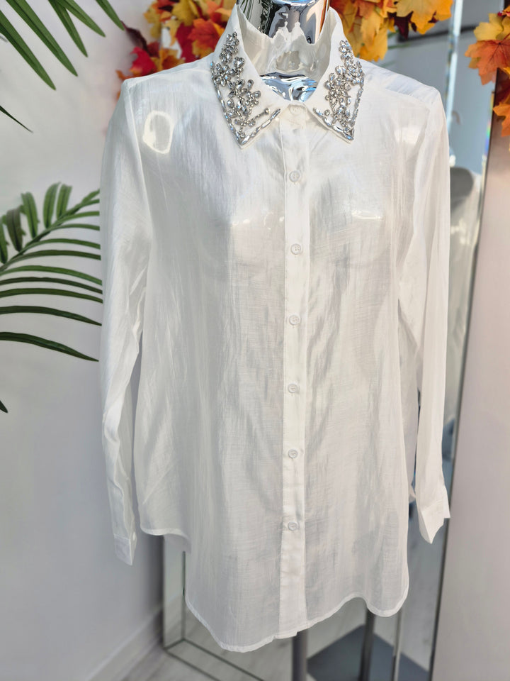 Crystal Collar Blouse in White  One Size - fits from Size 8/10 up to Size 14 - White