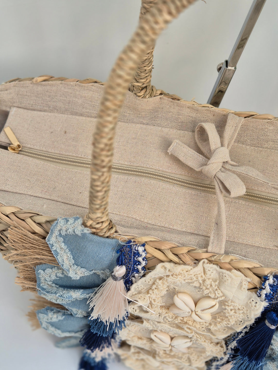 Stonewashed Denim Beach Bag with Seashells