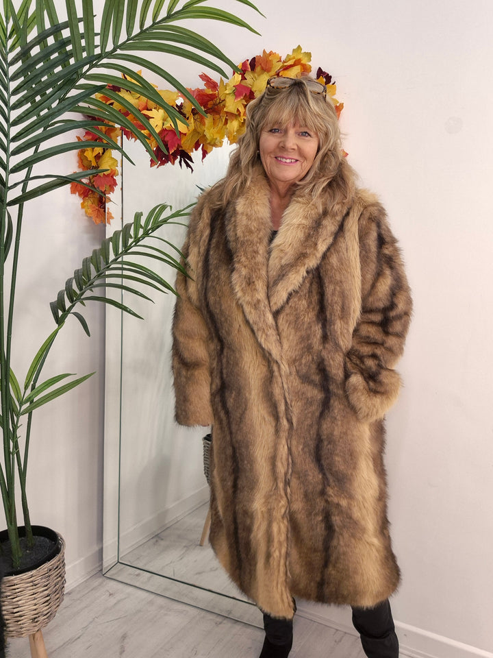 Oslo Faux Fur Longline Coat - Camel (One Size - fitting Size 10/12 up to Size 16/18)