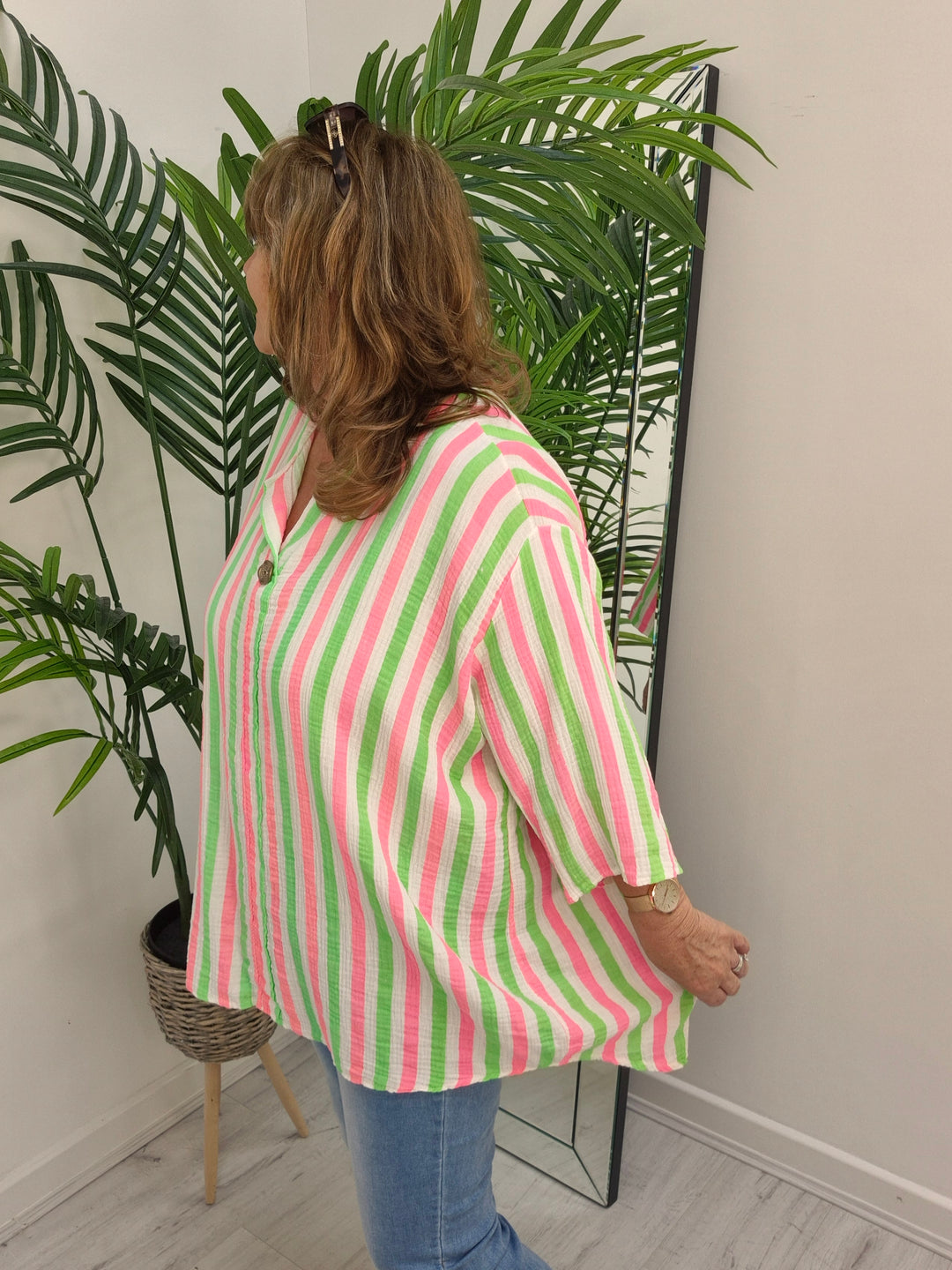 Candy Striped Hi Lo Top - Lime/Pink/White (Oversized)