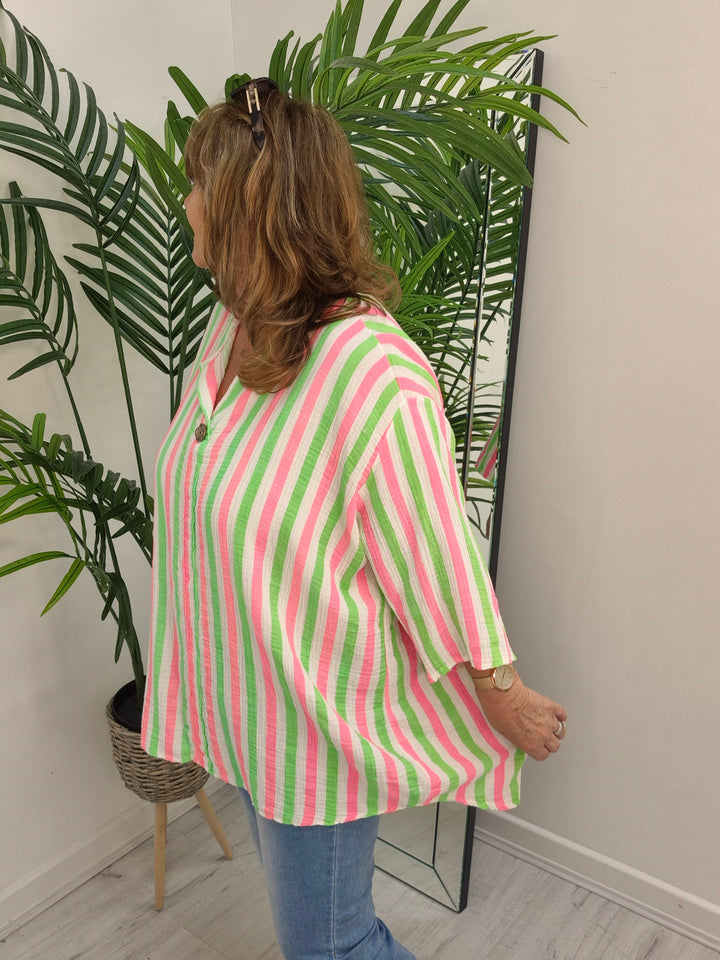 Candy Striped Hi Lo Top - Lime/Pink/White (Oversized)