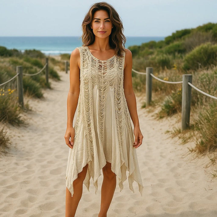 Crochet Beach Dress/Tunic Top - Beige (One Size)