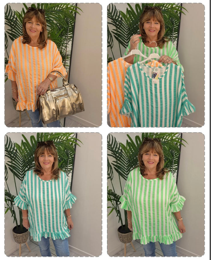 Candy Striped Top with Frilled Sleeves - (choose your Colour) - (Oversized)