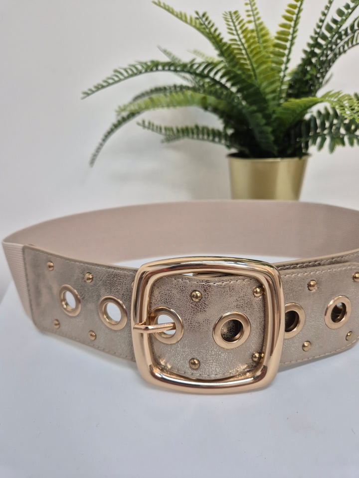 Stretchy Belt with Large Buckle - Gold/Beige