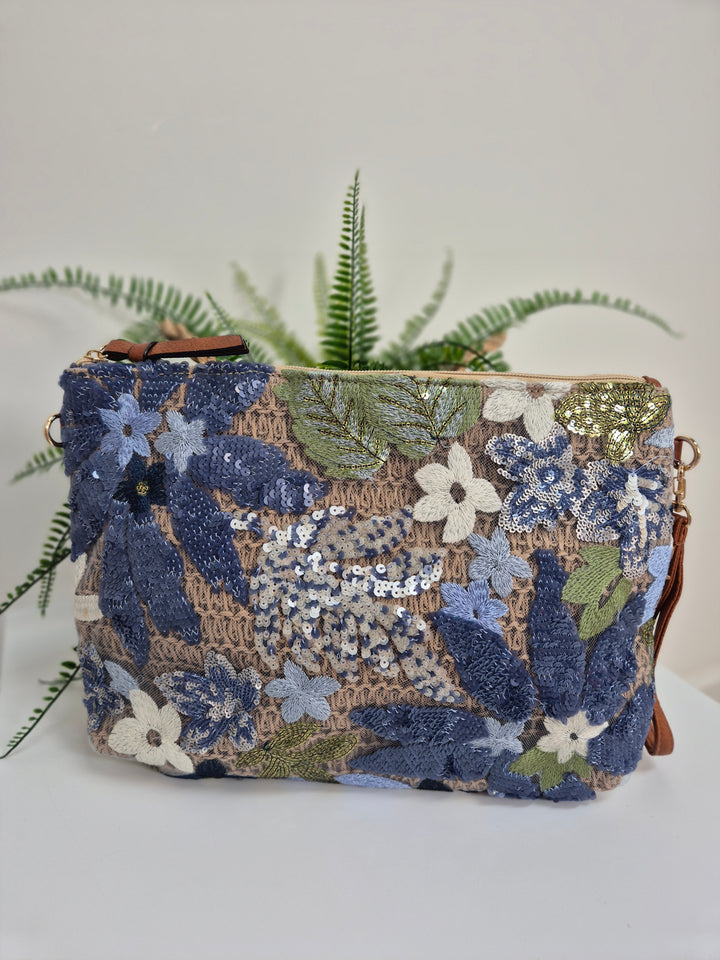 Floral Sequins Clutch Wristlet Bag - Blues