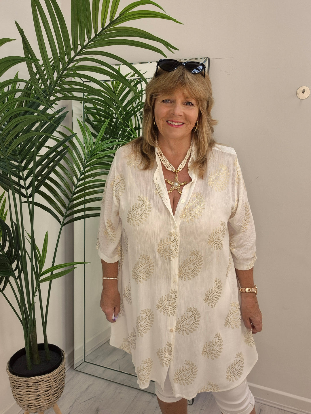 Ibiza Paisley Shirt Dress - White/Gold (Loose Fit)