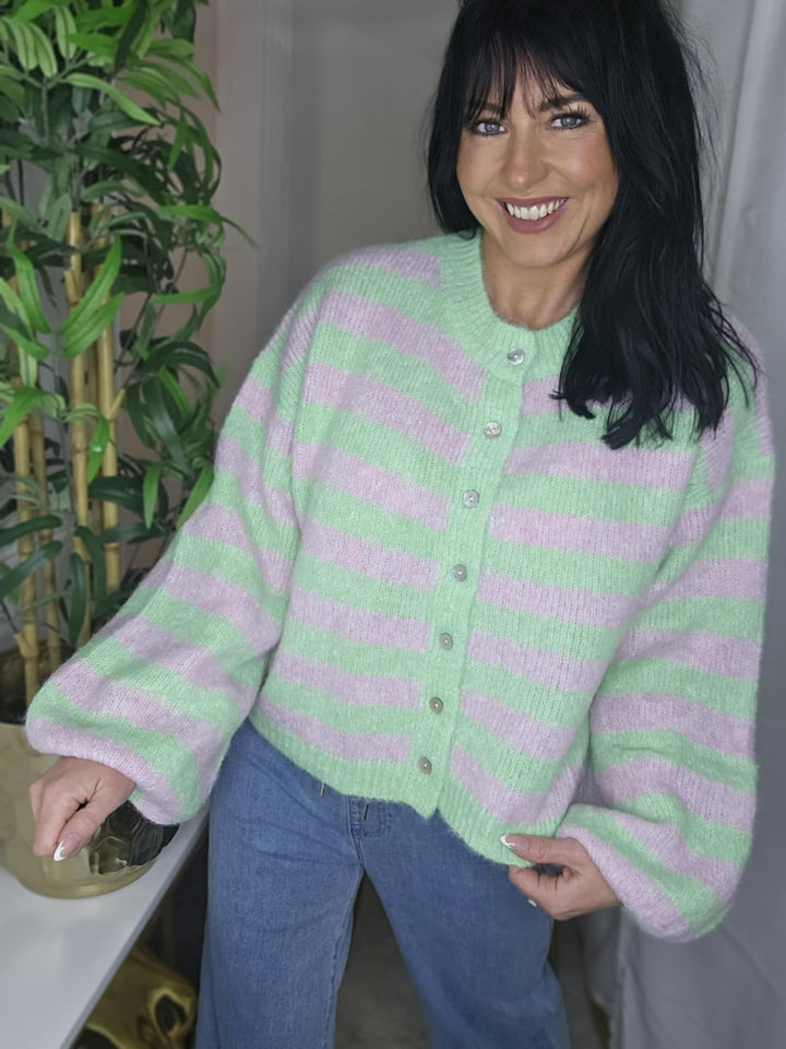 Amelia Striped Cosy Cardigan (One Size from Size 8 up to Size 16) - Lime/Pink