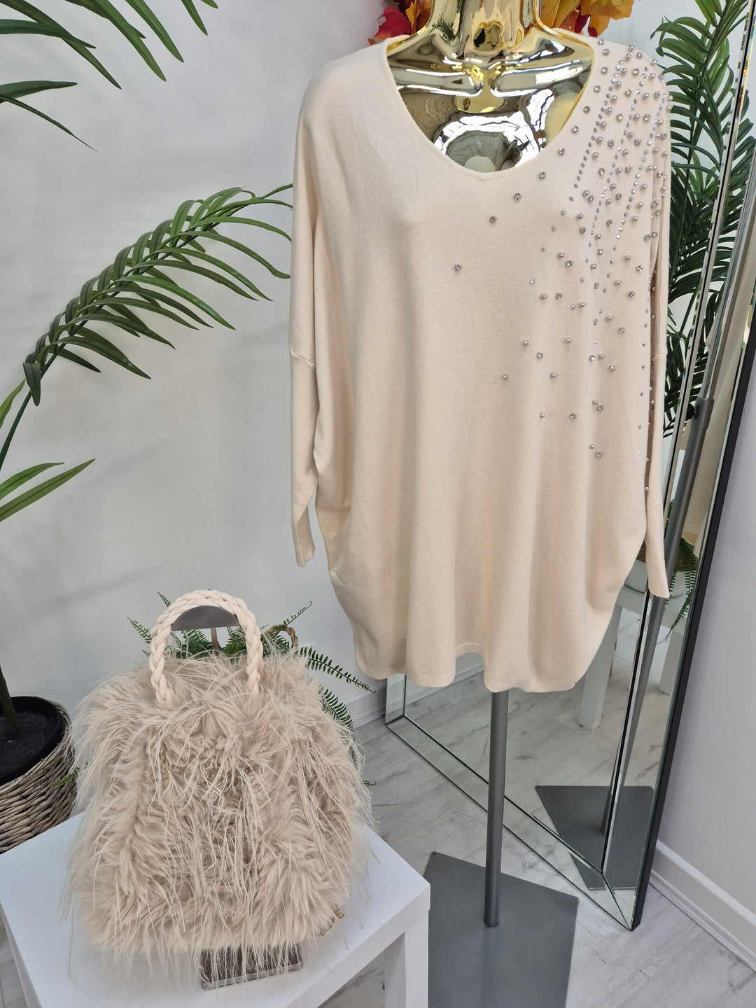 Celine Crystals, Pearls & Diamantes Oversized Jumper with V Neck (choose your Colour) (One Size/Curvy, fits from Size 12 up to Size 18)
