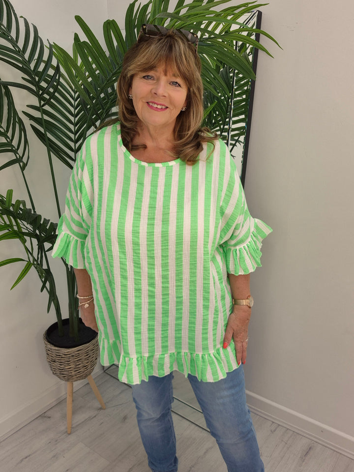 Candy Striped Top with Frilled Sleeves - (choose your Colour) - (Oversized)