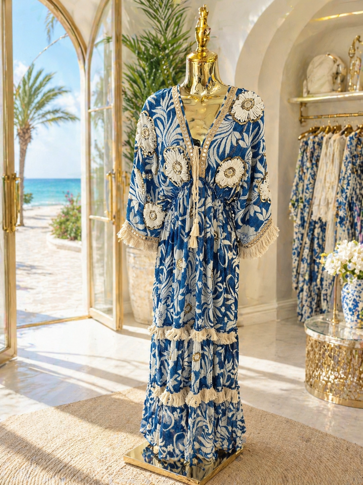 Boho Dress -  (One Size - fits Size 10 up to Size 16) - Blue